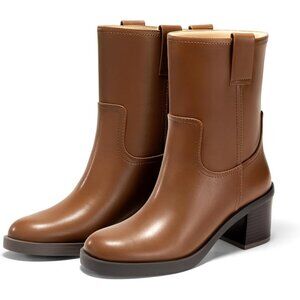 Women's  Brown Platform Mid Calf Boots - Chunky Block Heel Round Toe Stylish